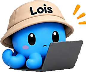 Lois, a blue baby octopus in a beige hat, at her laptop.